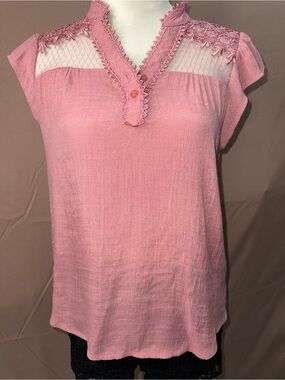 Sweet Wanderer Rose Pink Lace Yoke Cap Sleeve Blouse S/M